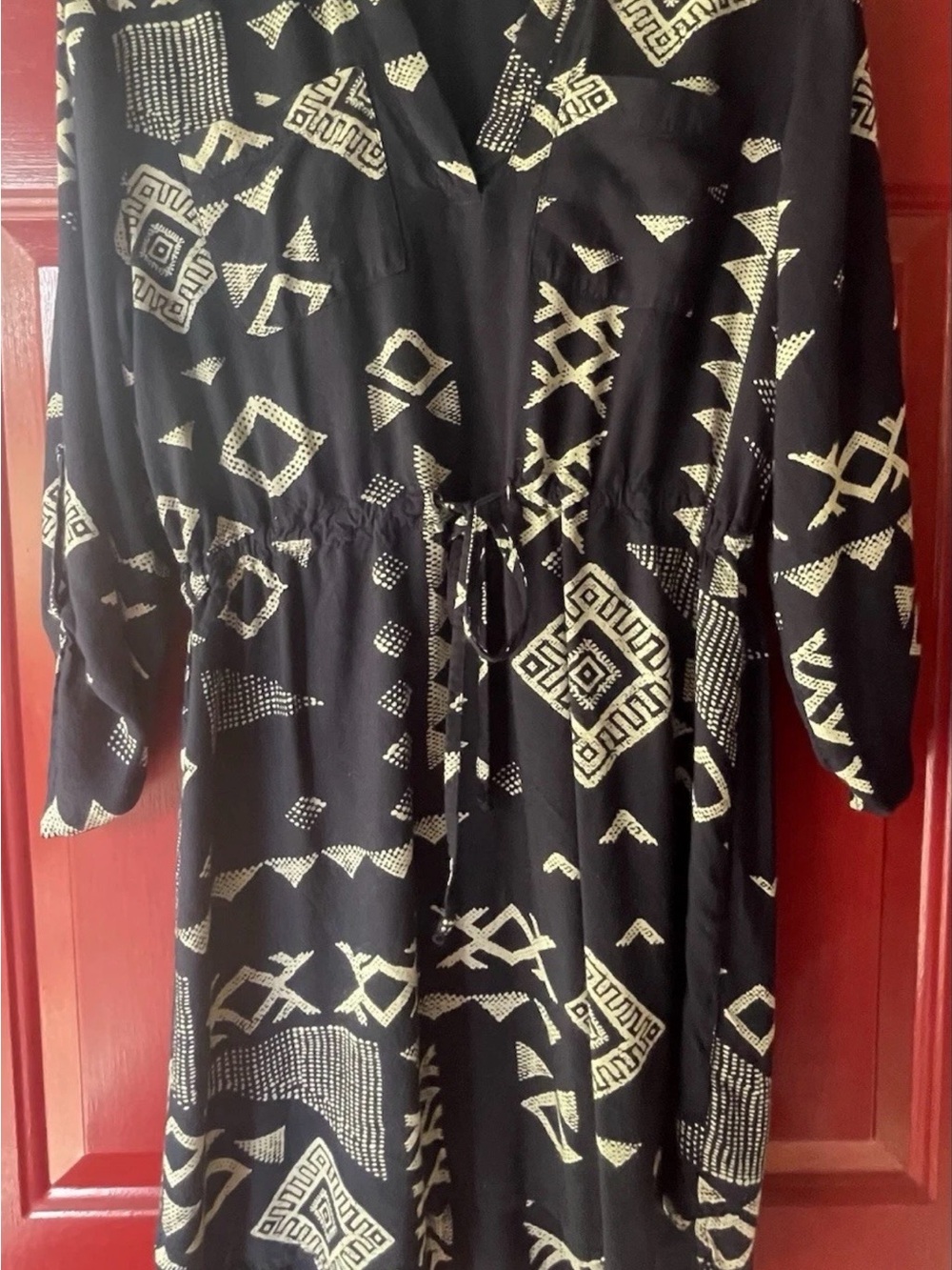 Mud Pie Black Dress with Cream Geometric Print and Tie Waist